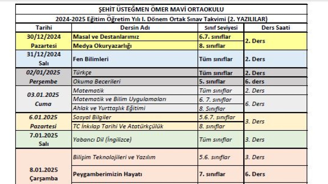 1. DÖNEM 2. YAZILI SINAV TAKVİMİ BELLİ OLDU