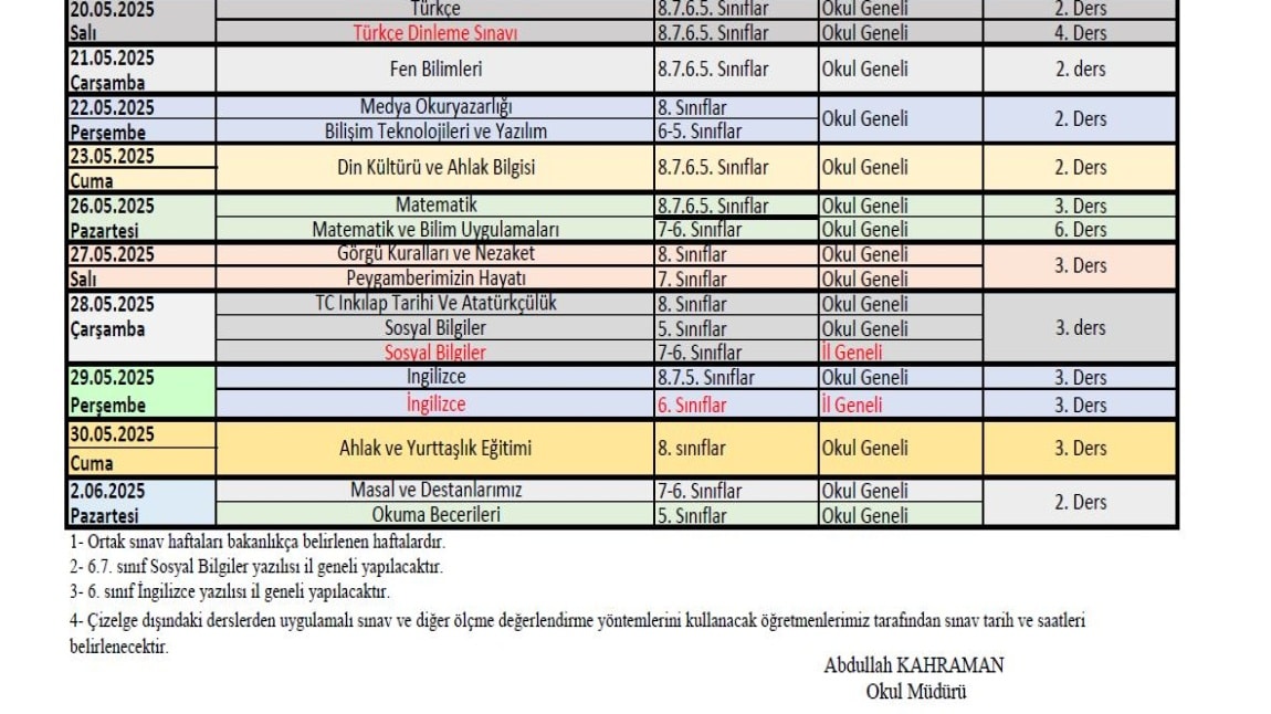 2. DÖNEM 2. YAZILI TAKVİMİ